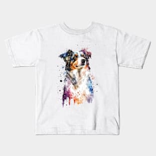 Rainbow Miniature American Shepherd Watercolor Art Kids T-Shirt